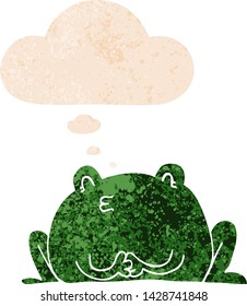 cute cartoon frog with thought bubble in grunge distressed retro textured style