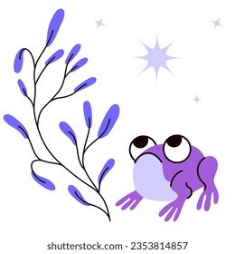 Cute cartoon frog with a twig on a background of stars. Theme forest animals illustration in vector.