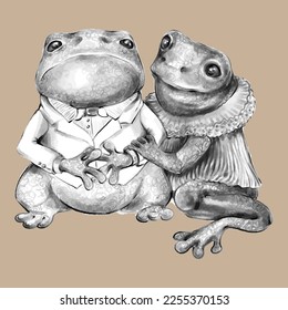 Cute cartoon frog, vector black and white hand-drawn drawing. For design and coloring books. isolated on white background