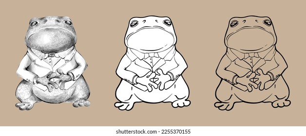 Cute cartoon frog, vector black and white hand-drawn drawing. For design and coloring books. isolated on white background