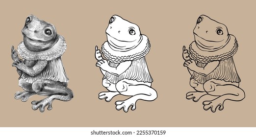 Cute cartoon frog, vector black and white hand-drawn drawing. For design and coloring books. isolated on white background