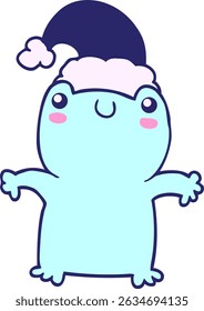 cute cartoon frog wearing christmas hat in bright neon colors
