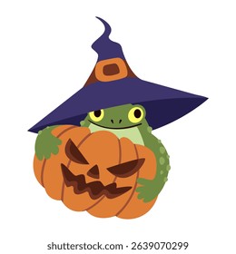 Cute cartoon frog wearing a witch hat and holding a carved Halloween pumpkin. Funny flat style illustration perfect for Halloween decor, children’s prints, greeting cards, and seasonal design.