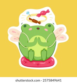 Cute cartoon frog with wings dreams about sweets sitting on a pillow. Kids sticker, poster. Hand drawn doodle character. Vector illustration on an isolated yellow background.