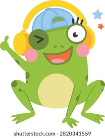 Cute cartoon frog winking and smiling while wearing large yellow headphones. The cheerful green frog has one eye closed in a playful wink, one eye open, rosy pink cheeks, and a wide happy smile. It raises one hand with a thumbs-up gesture, while colorful stars float beside its head. Bright and playful children’s illustration isolated on a white background, perfect for kids’ projects, music, entertainment, stickers, greeting cards, educational materials, and cheerful designs.