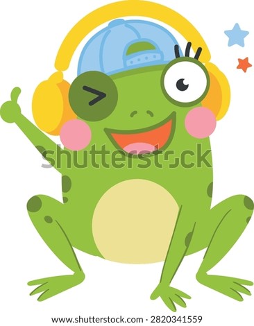 Cute cartoon frog winking and smiling while wearing large yellow headphones. The cheerful green frog has one eye closed in a playful wink, one eye open, rosy pink cheeks, and a wide happy smile. It raises one hand with a thumbs-up gesture, while colorful stars float beside its head. Bright and playful children’s illustration isolated on a white background, perfect for kids’ projects, music, entertainment, stickers, greeting cards, educational materials, and cheerful designs.