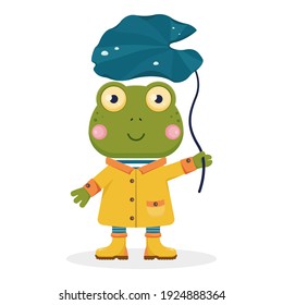 The cute cartoon frog in a yellow rain-coat and rubber boots smiles and holds a leaf of a water lily like an umbrella. It is a kind funny isolated illustration with little green toad for children.