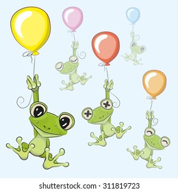 Cute cartoon Frogs with balloons on a blue background