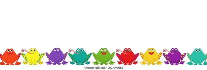 Cute cartoon frogs banner. Vector animal characters set isolated on white. Green frog collection. Different color frog bachground. Red, violet, yellow, blue, green frog set. Hand drawn cartoon kids.