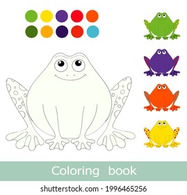 Cute cartoon frogs. Coloring book page with colorful template. Vector animal characters  isolated on white. Frog isolated contour. For coloring book page. Cartoon kids animals coloring book. 


