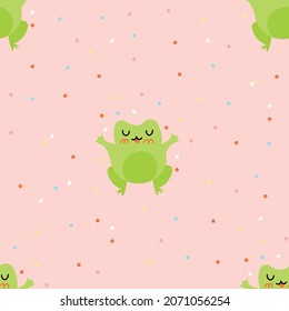 Cute cartoon frogs with confetti. Enamored green toads. Vector animal characters seamless pattern of amphibian toad drawing.Childish design for baby clothes, bedding, textiles, print, wallpaper.