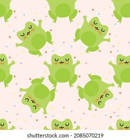 Cute cartoon frogs with confetti. Enamored green toads. Vector animal characters seamless pattern of amphibian toad drawing.Childish design for baby clothes, bedding, textiles, print, wallpaper.