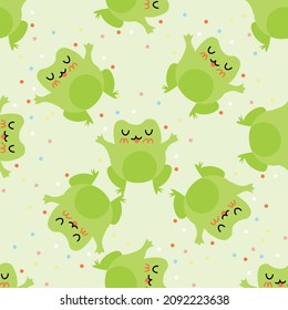 Cute cartoon frogs with confetti. Enamored green toads. Vector animal characters seamless pattern of amphibian toad drawing.Childish design for baby clothes, bedding, textiles, print, wallpaper.