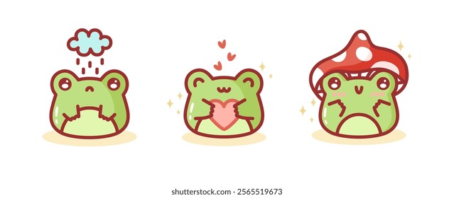 Cute cartoon frogs. Cute emoticons character cartoon frog stickers. Frog with mushroom hat. Sad frog cries and with heart. Beautiful amphibian mascot. Vector flat illustration