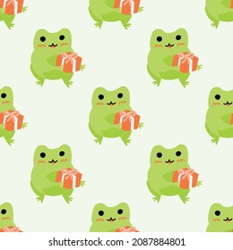 Cute cartoon frogs with gift box. Enamored green toads. Vector animal characters seamless pattern of amphibian toad drawing.Childish design for baby clothes, bedding, textiles, print, wallpaper.