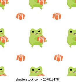 Cute cartoon frogs with gift box. Enamored green toads. Vector animal characters seamless pattern of amphibian toad drawing.Childish design for baby clothes, bedding, textiles, print, wallpaper.