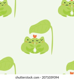 Cute cartoon frogs with hearts. Enamored green toads. Vector animal characters seamless pattern of amphibian toad drawing.Childish design for baby clothes, bedding, textiles, print, wallpaper.