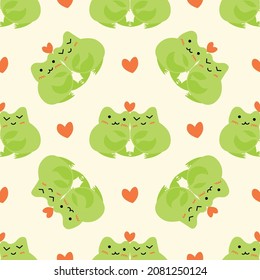 Cute cartoon frogs with hearts. Enamored green toads. Vector animal characters seamless pattern of amphibian toad drawing.Childish design for baby clothes, bedding, textiles, print, wallpaper.