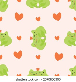 Cute cartoon frogs with hearts. Enamored green toads. Vector animal characters seamless pattern of amphibian toad drawing.Childish design for baby clothes, bedding, textiles, print, wallpaper.