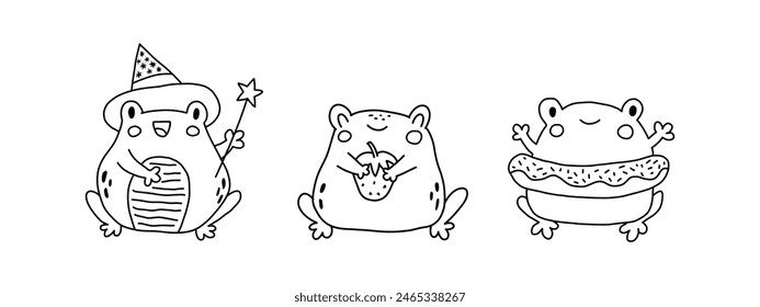 Cute cartoon frogs. Kawaii froggie pack. Baby animals bundle for childish stickers. Cartoon summer characters for kids prints. Black outline illustration on a white background. Coloring book page