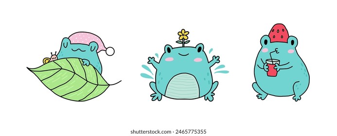 Cute cartoon frogs. Kawaii froggie pack. Baby animal stickers. A frog with a strawberry, a drink, a flower, and sleeping with a snail. Cartoon childish flat characters. Flat illustration on a white