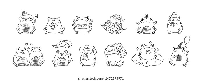 Cute cartoon frogs. Kawaii froggie pack. Baby animals bundle for childish stickers. Cartoon summer characters for kids prints. Black outline illustration on a white background. Coloring book page