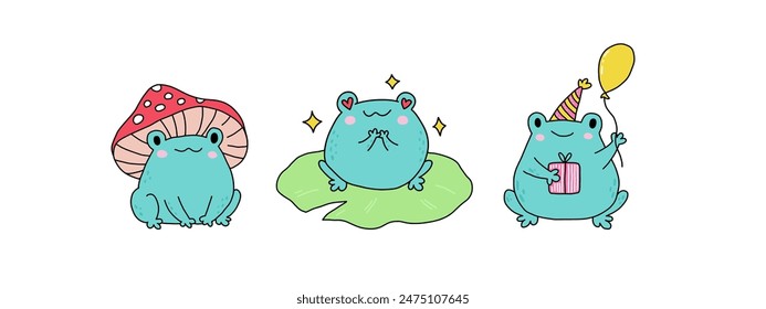 Lindas ranas de dibujos animados. Paquete de ranas Kawaii. Pegatinas de animales bebés. Una rana con un sombrero de hongo, un lirio de agua, y sosteniendo un regalo y un globo. Dibujos animados de personajes planos infantiles. Ilustración plana en un blanco