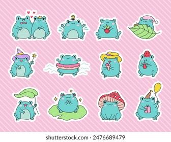 Cute cartoon frogs. Kawaii froggie pack. Baby animals bundle for childish stickers and prints. Cartoon summer characters for kids. Flat childish illustration on a white background