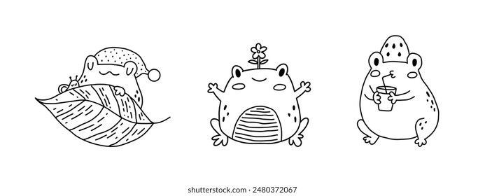 Cute cartoon frogs. Kawaii froggie pack. Baby animals bundle for childish stickers. Cartoon summer characters for kids prints. Black outline illustration on a white background. Coloring book page