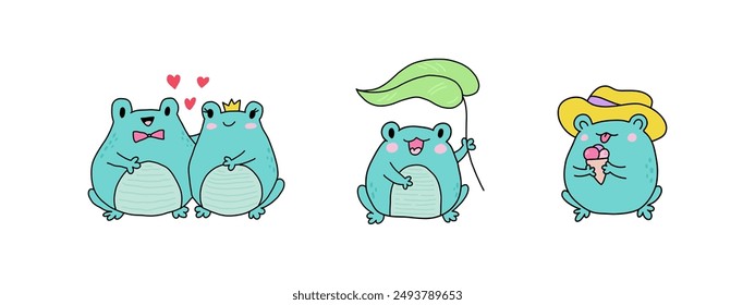 Cute cartoon frogs. Kawaii froggie pack. Baby animal stickers. A couple or family in love, a frog holding a leaf, and a summer character in a hat eating ice cream. Cartoon childish flat characters