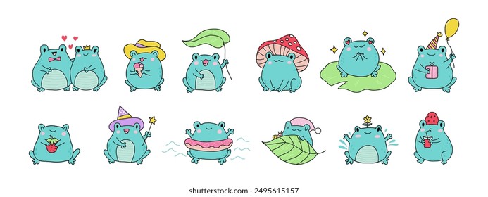 Lindas ranas de dibujos animados. Paquete de ranas Kawaii. Conjunto de pegatinas de animales para cumpleaños, San Valentín, Halloween o Días festivos. Dibujos animados de personajes infantiles mágicos de verano. Ilustración plana sobre un fondo blanco