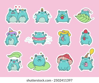 Cute cartoon frogs. Kawaii froggie pack. Baby animals bundle for childish stickers and prints. Cartoon summer characters for kids. Flat childish illustration on a white background