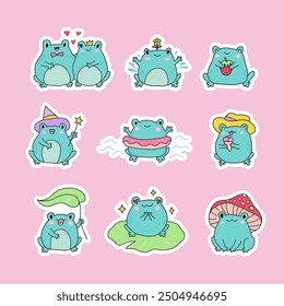 Cute cartoon frogs. Kawaii froggie pack. Baby animals bundle for childish stickers and prints. Cartoon summer characters for kids. Flat childish illustration on a white background