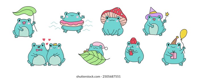 Cute cartoon frogs. Kawaii froggie pack. Baby animals with leaf, mushroom, strawberry, gift, balloon, magic, and love. Cartoon summer magic characters for kids. Flat illustration on a white background