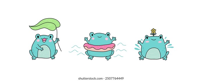 Cute cartoon frogs. Kawaii froggie pack. Baby animals bundle for childish stickers and prints. Cartoon summer characters for kids prints. Flat illustration on a white background