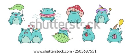 Cute cartoon frogs. Kawaii froggie pack. Baby animals with leaf, mushroom, strawberry, gift, balloon, magic, and love. Cartoon summer magic characters for kids. Flat illustration on a white background