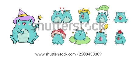 Cute cartoon frogs. Kawaii froggie pack. Baby animals bundle for childish stickers and prints. Cartoon summer characters for kids prints. Flat illustration on a white background