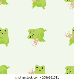 Cute cartoon frogs with party popper with serpantin. Enamored green toads. Vector animal characters seamless pattern of amphibian toad drawing.Childish design for baby clothes, bedding, textiles.