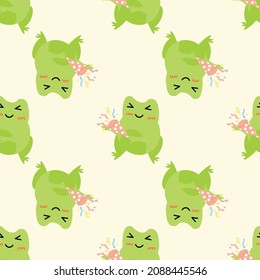 Cute cartoon frogs with party popper with serpantin. Enamored green toads. Vector animal characters seamless pattern of amphibian toad drawing.Childish design for baby clothes, bedding, textiles.
