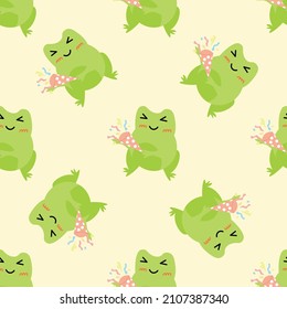 Cute cartoon frogs with party popper with serpantin. Enamored green toads. Vector animal characters seamless pattern of amphibian toad drawing.Childish design for baby clothes, bedding, textiles.