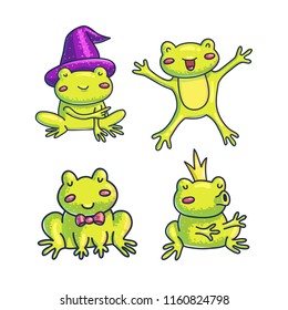 Cute cartoon frogs set with kissing prince and magician.  Tropical fairy characters. Green toad animal doodle illustration. 