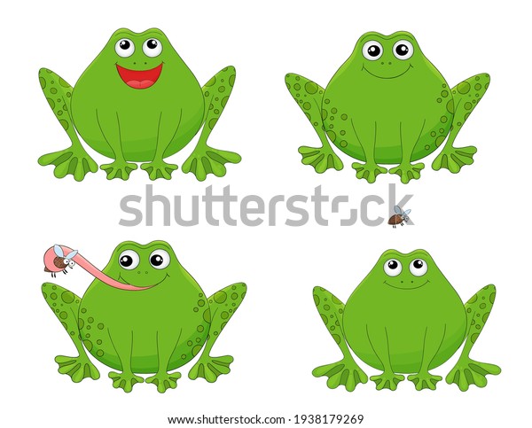 Cute\
cartoon frogs set. Vector amphibian animal characters  isolated on\
white. Green froggy collection. Different green croaking animals.\
Hand drawn little frogs. Funny animal\
characters.