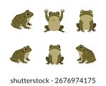 Cute cartoon frogs and toads in various poses, including waving and sitting, on a white background, perfect for illustrations, children