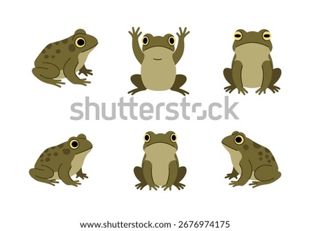 Cute cartoon frogs and toads in various poses, including waving and sitting, on a white background, perfect for illustrations, children's books, or educational materials.