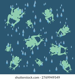 Cute cartoon frogs under rain on dark background seamless pattern, vector nature.
