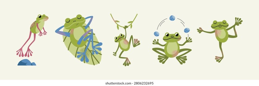 Cute cartoon frogs vector illustration set with green tree frog jumping relaxing on leaf hanging on vine juggling polo balls and practicing yoga minimal design with grainy texture