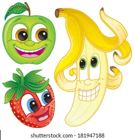 Cute cartoon fruit: Apple, strawberry and banana. Vector illustration.