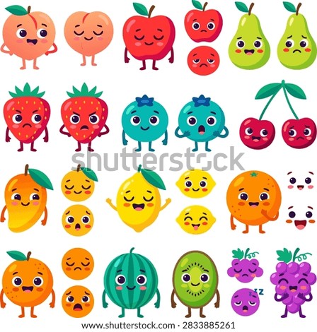 Cute cartoon fruit character bundle set featuring apple, peach, pear, strawberry, blueberry, cherry, mango, lemon, orange, watermelon, kiwi, and grapes with various facial expressions and emotions. Flat vector illustration isolated on a white background, perfect for educational materials, stickers, kids apparel, and emoji design.