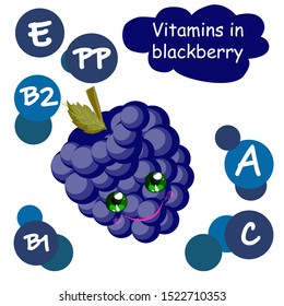Cute cartoon fruit character. Vitamins in the berries. Blackberry. Children's illustration..