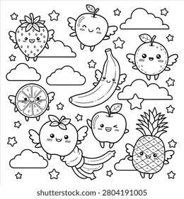 Cute cartoon fruit characters floating in the sky with clouds coloring page for children